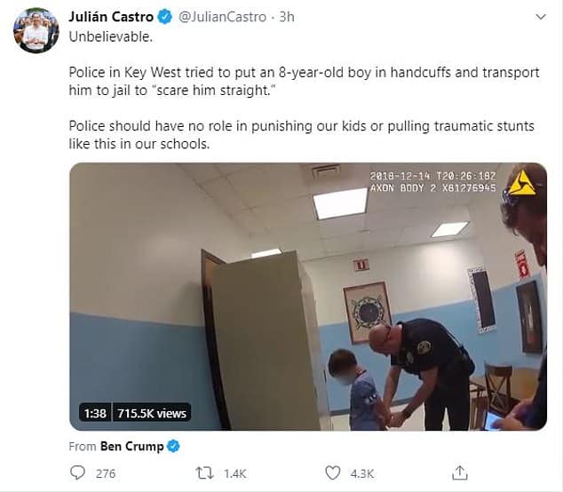 El lunes apareció un video desgarrador de un incidente de 2018 en el que oficiales de policía intentaron esposar a un niño de ocho años que lloraba en su escuela primaria en Key West, Florida.